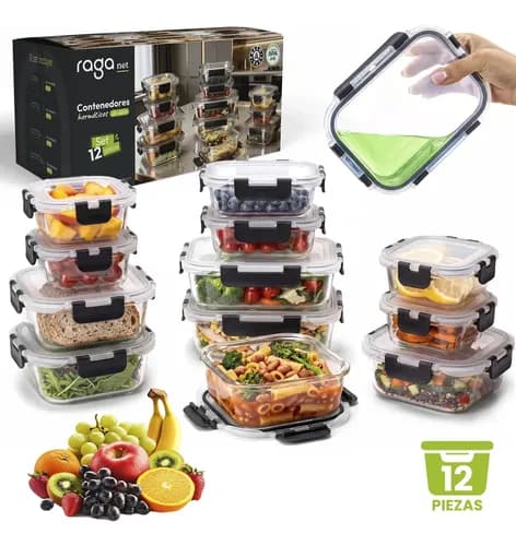 Recipientes Herméticos De Vidrio Almacenamiento Cocina 12 Pz Color Transparente