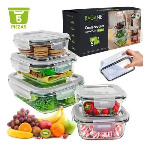 Recipientes Herméticos De Vidrio Almacenamiento Cocina 5 Pz. Transparente