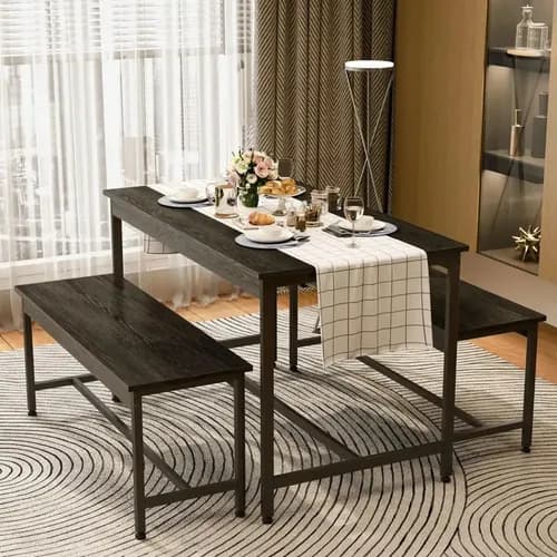 Comedor  2 Bancos Para 4 Personas Diseño Liso Negro